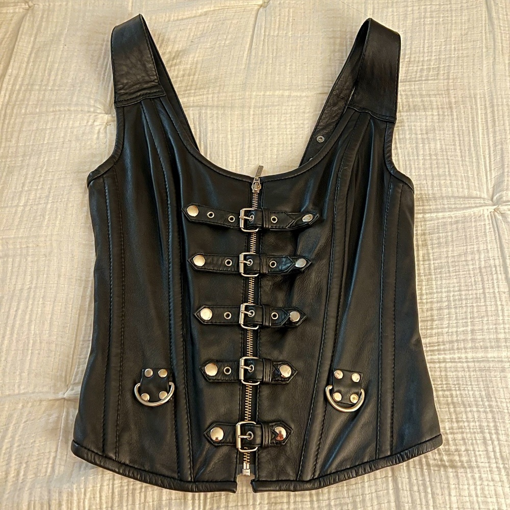 Size Medium Soft Black Leather Biker Vest with Silver Buckles and Snaps